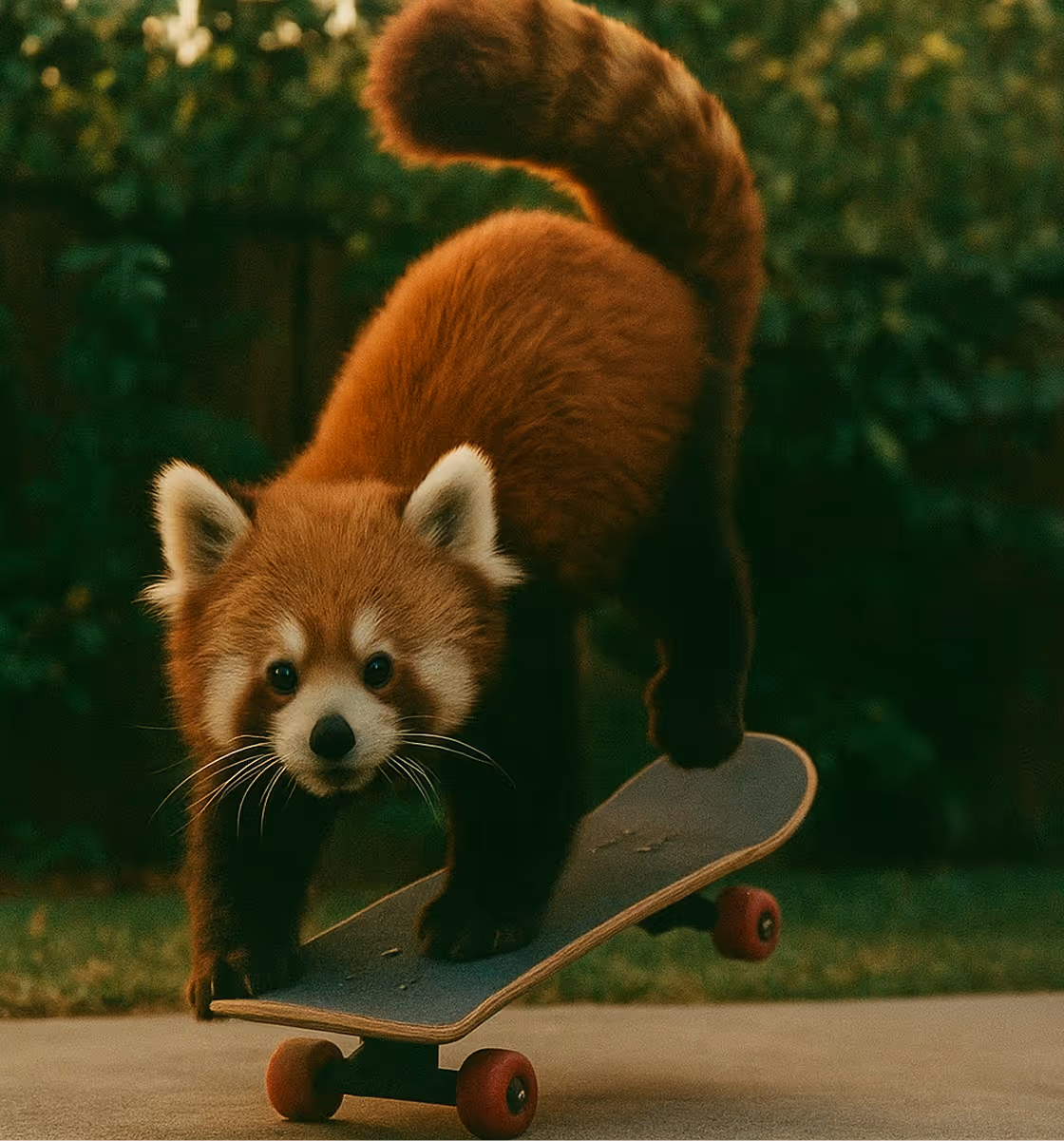 Red panda balancing on a skateboard in a green forest setting